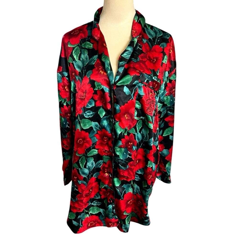 Victoria Secret Vintage 90' Floral Satin Red Black Green Night Shirt Sleepwear M
